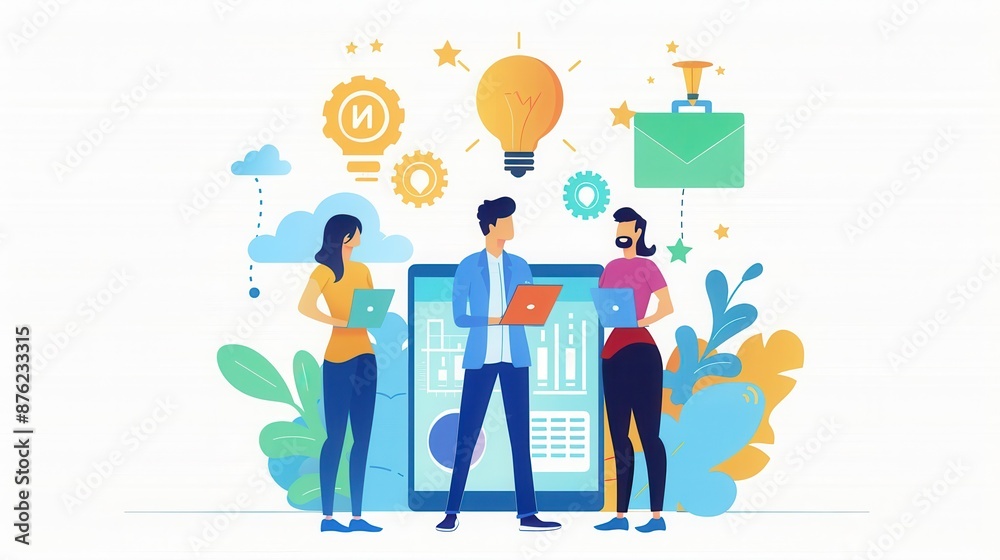 Digital product launch, team planning online release, flat design illustration Digital product launch, team planning online release, flat design illustration