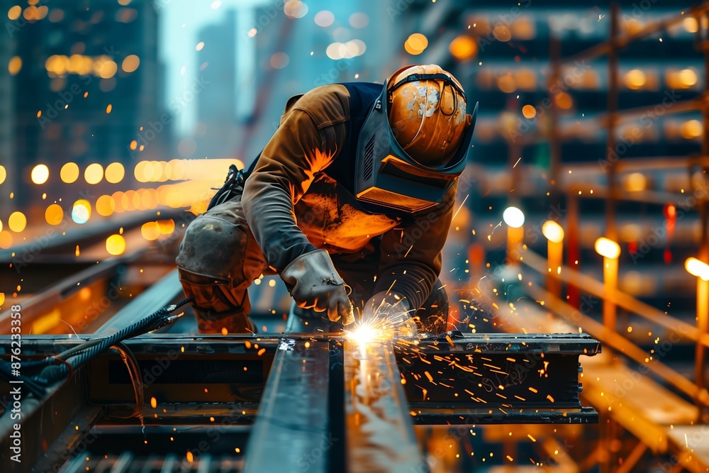 Welder in Protective Gear on Construction Site, Industrial Worker Welding Metal Welder in Protective Gear on Construction Site, Industrial Worker Welding Metal