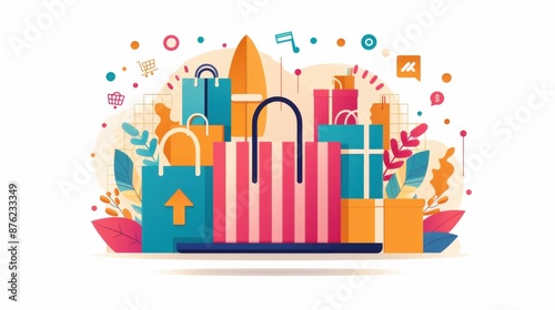 Digital product recommendations, algorithms suggesting items, flat design illustration