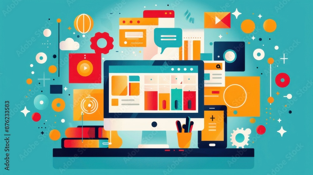 Digital workspace, multiple apps and tools on screen, flat design illustration Digital workspace, multiple apps and tools on screen, flat design illustration