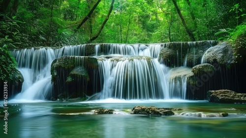Beautiful waterfall in green forest, cascading over stones, stunning wallpaper.
