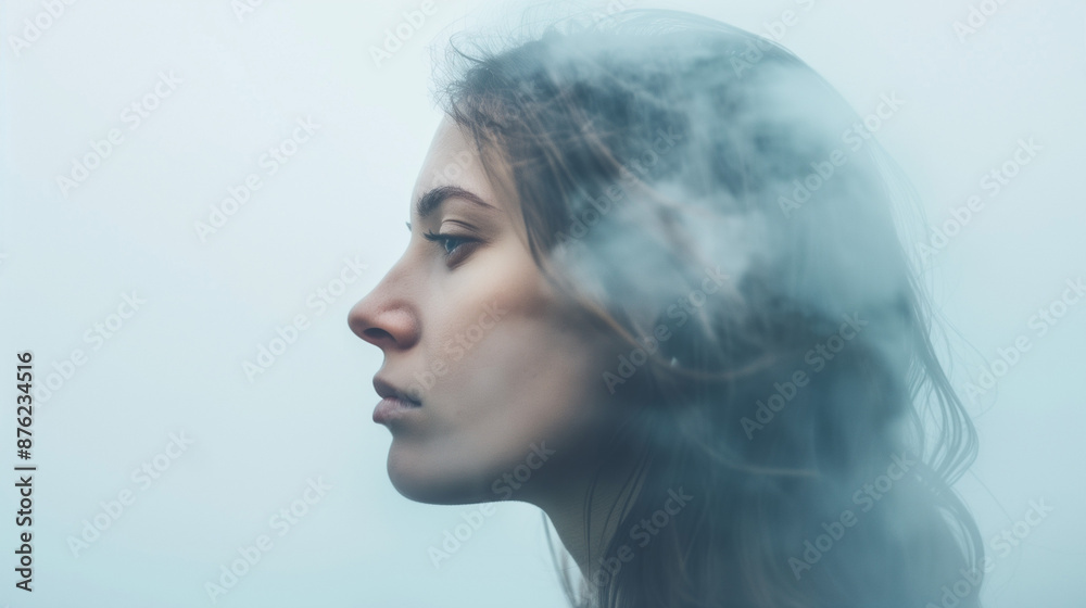 A woman with a cloud over his head. Concept for mental health issues illness, brain fog or migraine headaches. Could also be for therapy to help dispel negative thoughts.