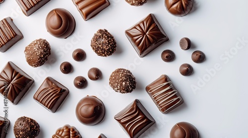 Close-up of assorted chocolate candies arranged on a white background.