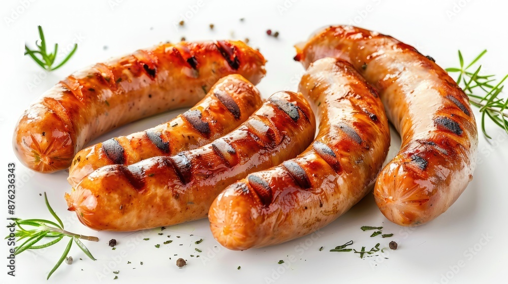 Isolated German grilled pork sausages, close-up on a white background. Isolated German grilled pork sausages, close-up on a white background.