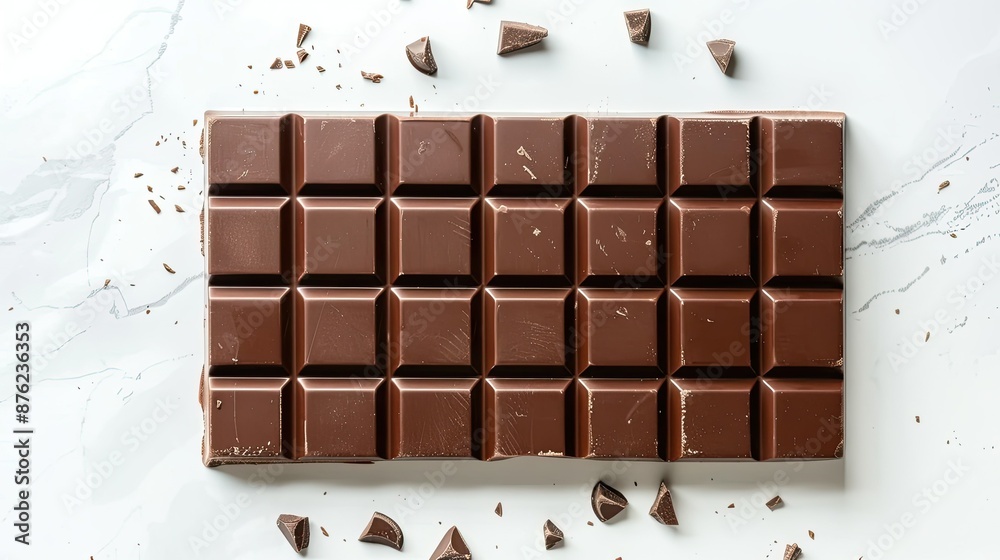 Isolated whole dark chocolate bar, top view, on a plain white surface. Isolated whole dark chocolate bar, top view, on a plain white surface.