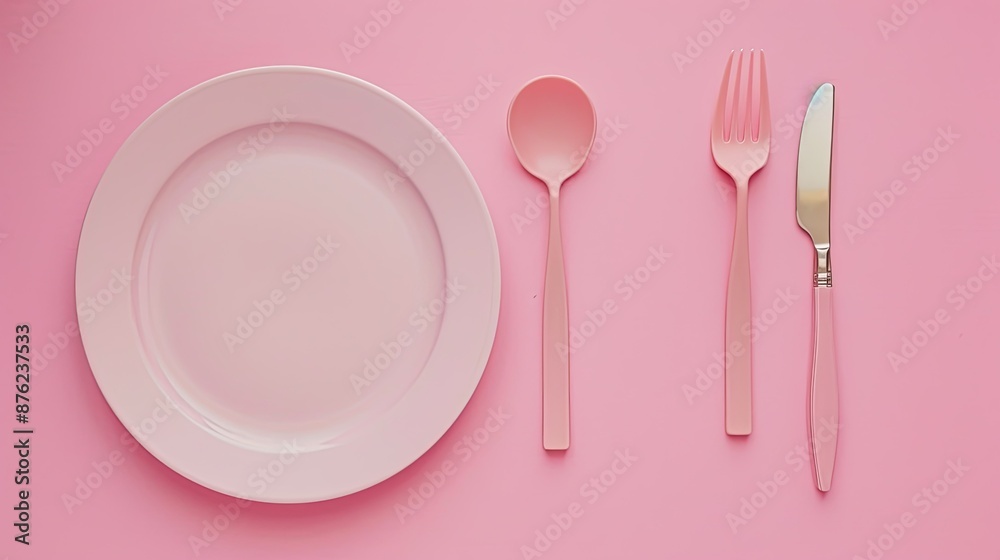 Minimalist silverware and clean plate on soft pink backdrop. Minimalist silverware and clean plate on soft pink backdrop.