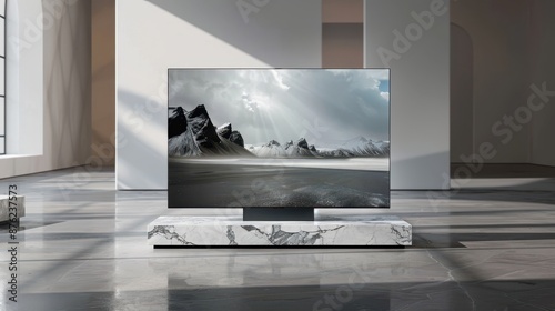 a modern tv sitting on a marble floor in a room photo