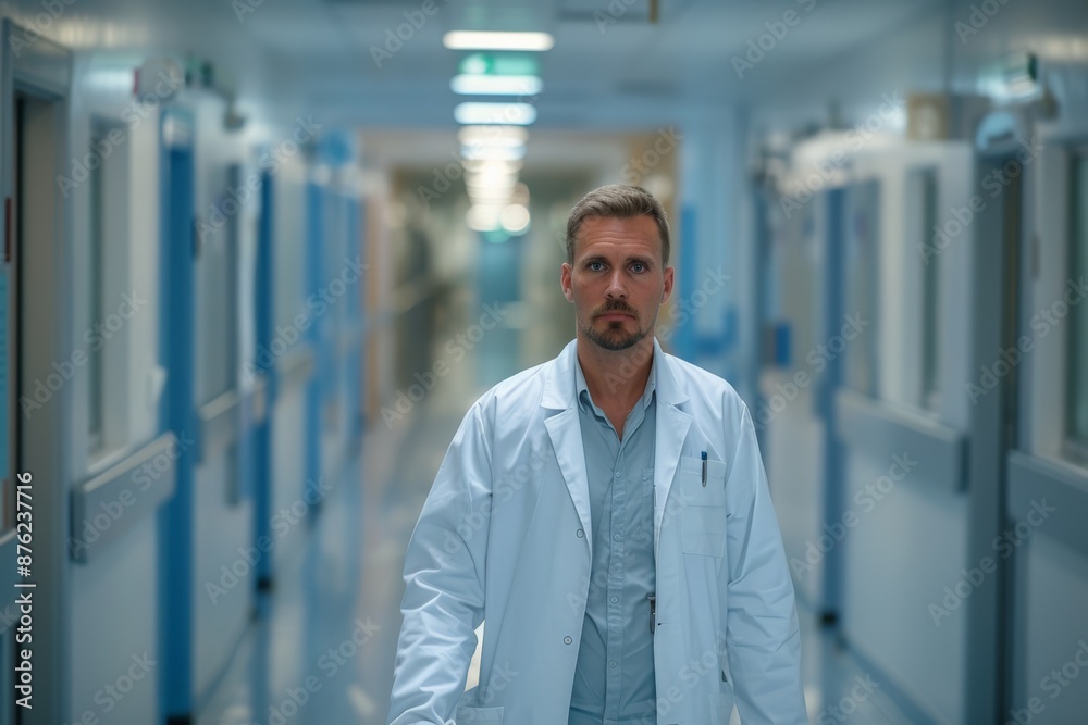 Doctor walking down a hospital corridor, looking serious and focused. Doctor walking down a hospital corridor, looking serious and focused.