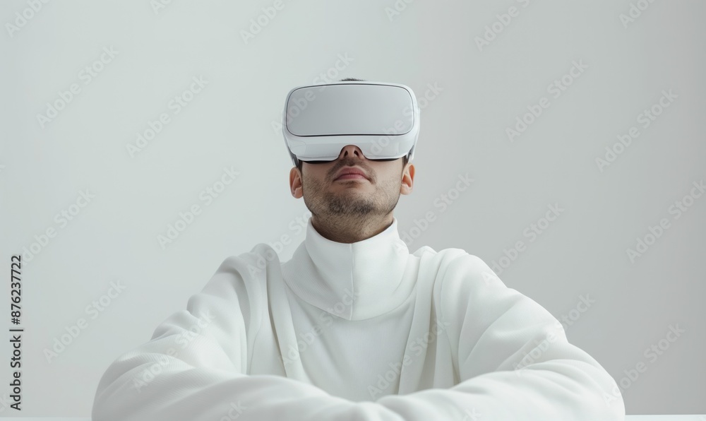 Modern Virtual Reality. Futuristic Virtual World. Advanced Tech World. Digital Exploration.VR Headset on Man in Hoodie. Bearded Man with VR Glasses. Modern Virtual Reality. Futuristic Virtual World. Advanced Tech World. Digital Exploration.VR Headset on Man in Hoodie. Bearded Man with VR Glasses.