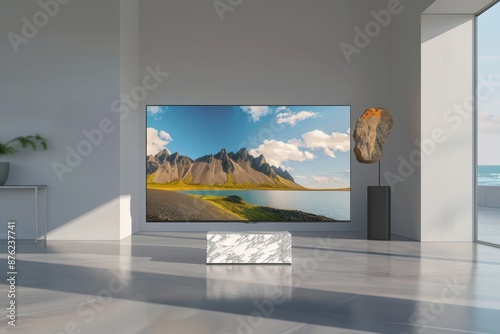 a large painting of a mountain landscape is hanging on the wall photo