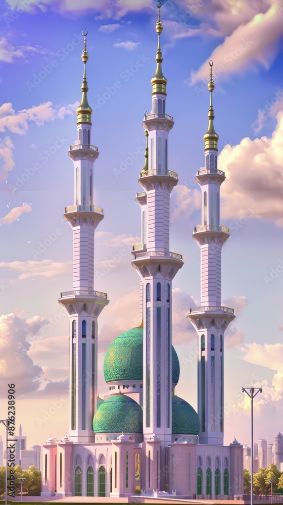Fototapeta premium a large mosque with green domes and a tall tower