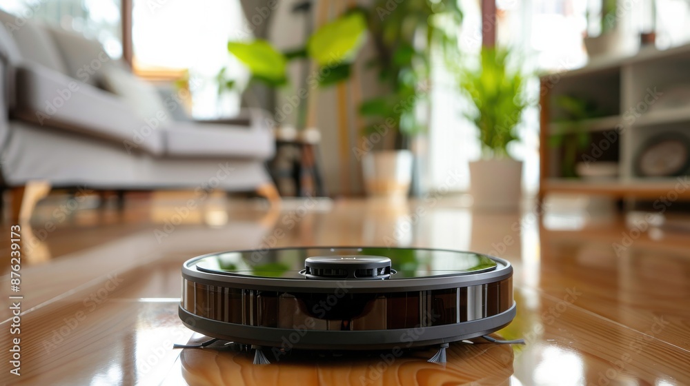 A robot vacuum cleaner is on a wooden floor in a living room A robot vacuum cleaner is on a wooden floor in a living room