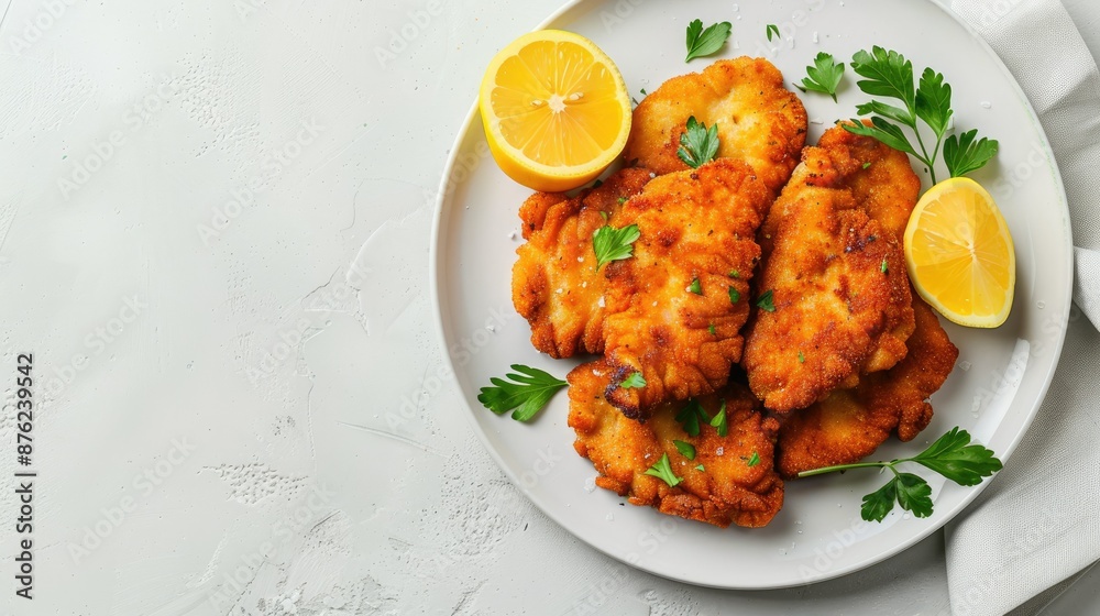 Top view flat lay of golden schnitzel garnished with lemon and parsley on white plate, stone background. Top view flat lay of golden schnitzel garnished with lemon and parsley on white plate, stone background.