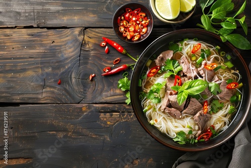 Vietnamese Beef Noodle Soup (Pho) with Fresh Ingredients and Herbs photo