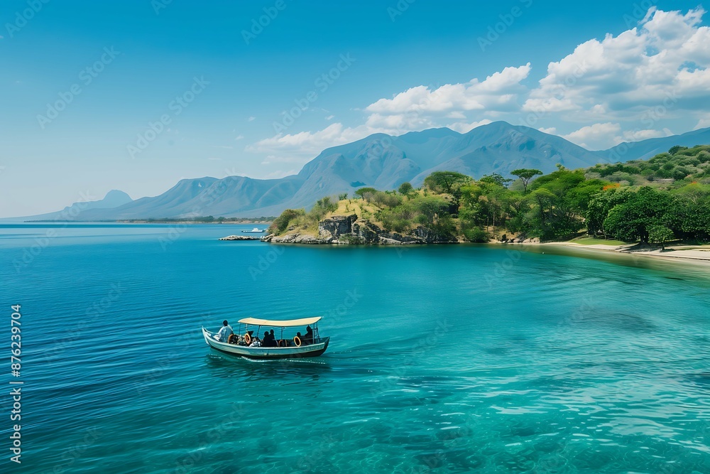Boat Tourists on Blue Waters, Malawi Island LandscapeScenic Aerial View, Malawi Coastal Beauty Boat Tourists on Blue Waters, Malawi Island LandscapeScenic Aerial View, Malawi Coastal Beauty