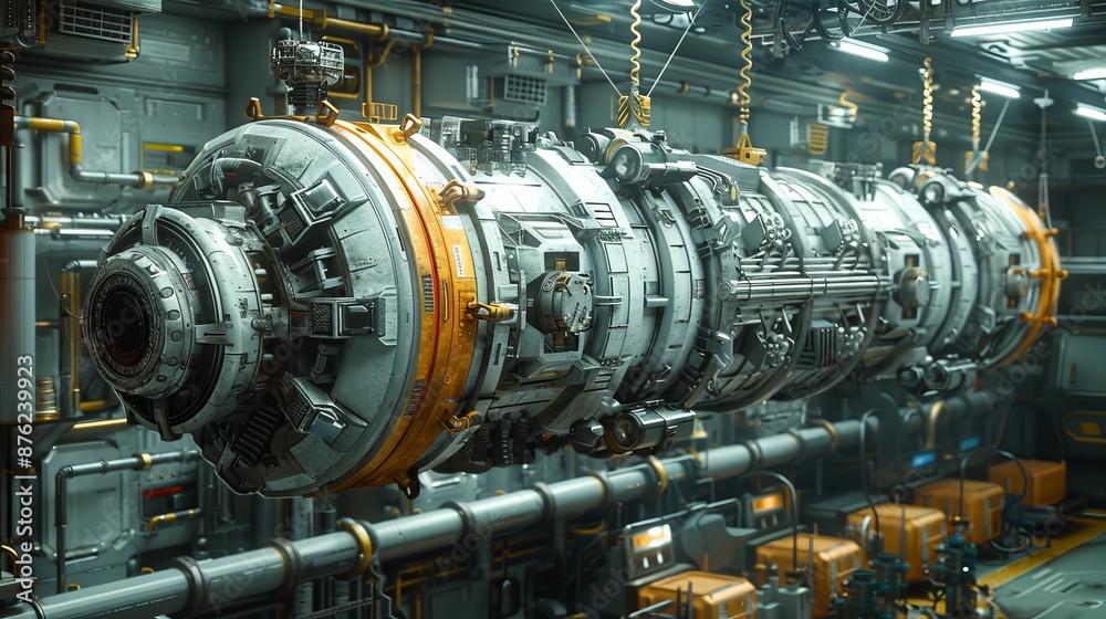 Futuristic Engine Hanging In Industrial Setting Futuristic Engine Hanging In Industrial Setting