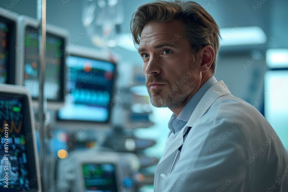 Male scientist in a lab coat working in a high-tech laboratory. Male scientist in a lab coat working in a high-tech laboratory.