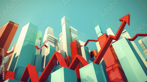 a red arrow is going up in the air above a city