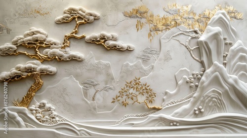 Artistic representation of volumetric Japanese landscape in stucco with gold details on a plastered wall © Lcs