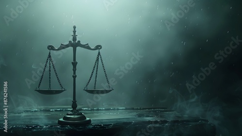 Ornate scales of justice in front of a dark rainy background. photo