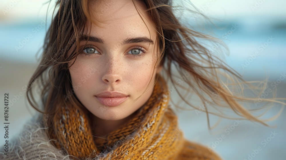 sensual portrait of a young brunette girl against the backdrop of the ocean in windy autumn weather.stock image sensual portrait of a young brunette girl against the backdrop of the ocean in windy autumn weather.stock image
