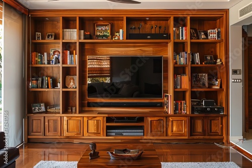Luxurious living room interior with elegant wooden bookshelf and entertainment center photo