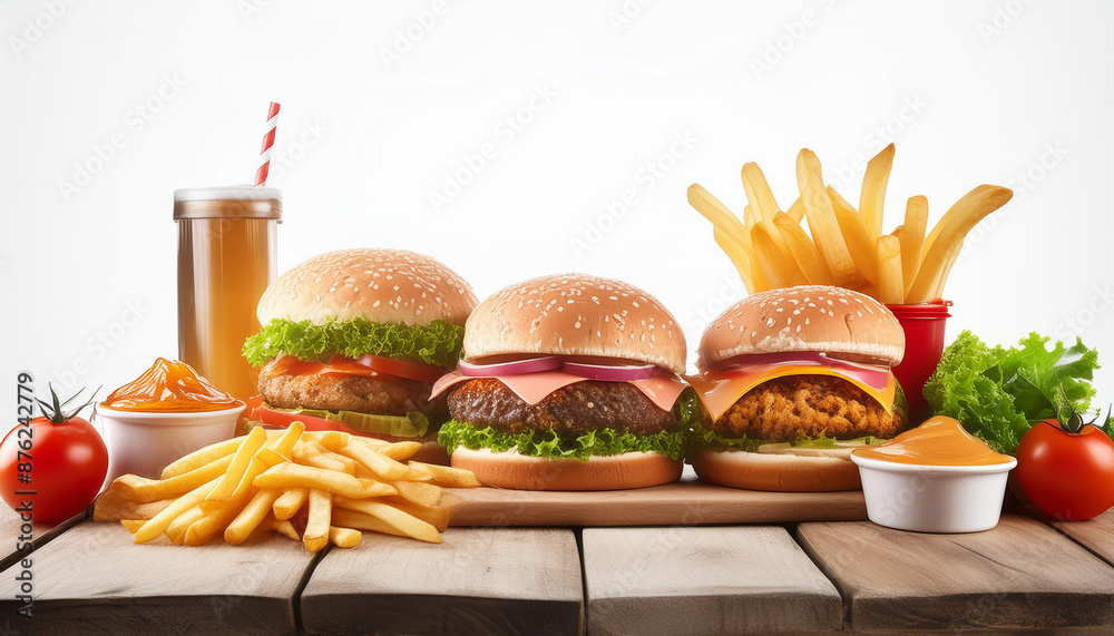 © Made - Burgers, french fries and other fast food on wooden table against white background © Made - Burgers, french fries and other fast food on wooden table against white background