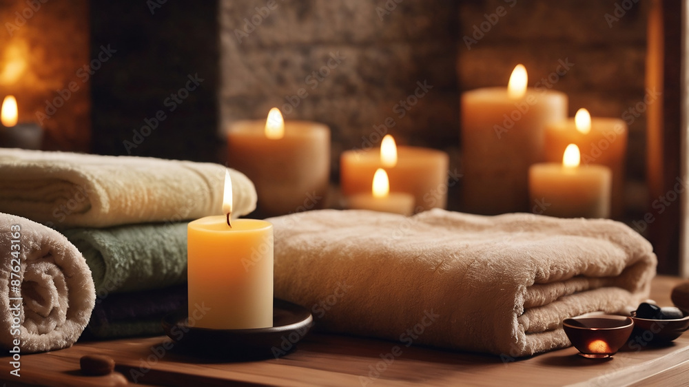 Spa setting with towels and aromatic candles, decorations, background Spa setting with towels and aromatic candles, decorations, background