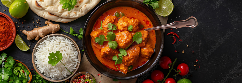 Traditional curry and ingredients, Chicken and cashew red curry with rice and herbs, thai inspired dish Traditional curry and ingredients, Chicken and cashew red curry with rice and herbs, thai inspired dish
