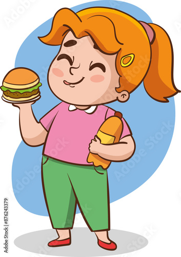 Unhealthy eating, sedentary inactive lifestyle, gluttony problems of overweight kids set vector illustration. Cartoon isolated children with big belly lying on sofa, kids drink and eat fast food