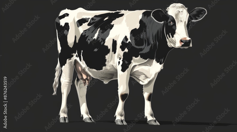 Illustrate a vector image of a milk cow on a solid black background. The cow should be standing and facing forward, with clear, realistic black and white patches. Illustrate a vector image of a milk cow on a solid black background. The cow should be standing and facing forward, with clear, realistic black and white patches.