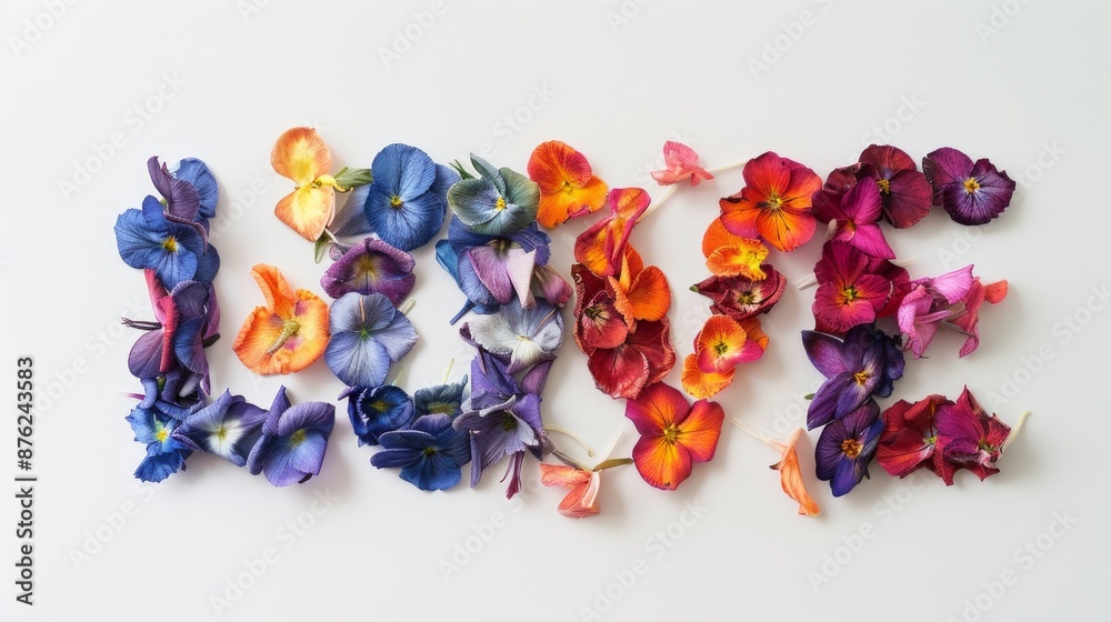 Illustrate the word 'LOVE' made out of flower petals arranged artistically on a white background. Use a variety of colors to create a vibrant and lively effect. Illustrate the word 'LOVE' made out of flower petals arranged artistically on a white background. Use a variety of colors to create a vibrant and lively effect.