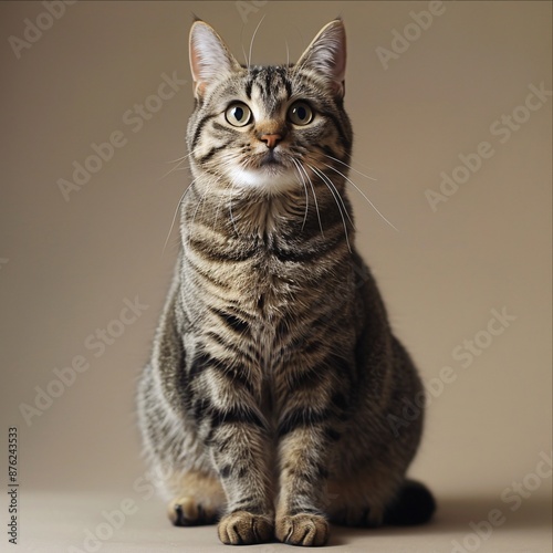 Tabby Cat Sitting on a Neutral Background.