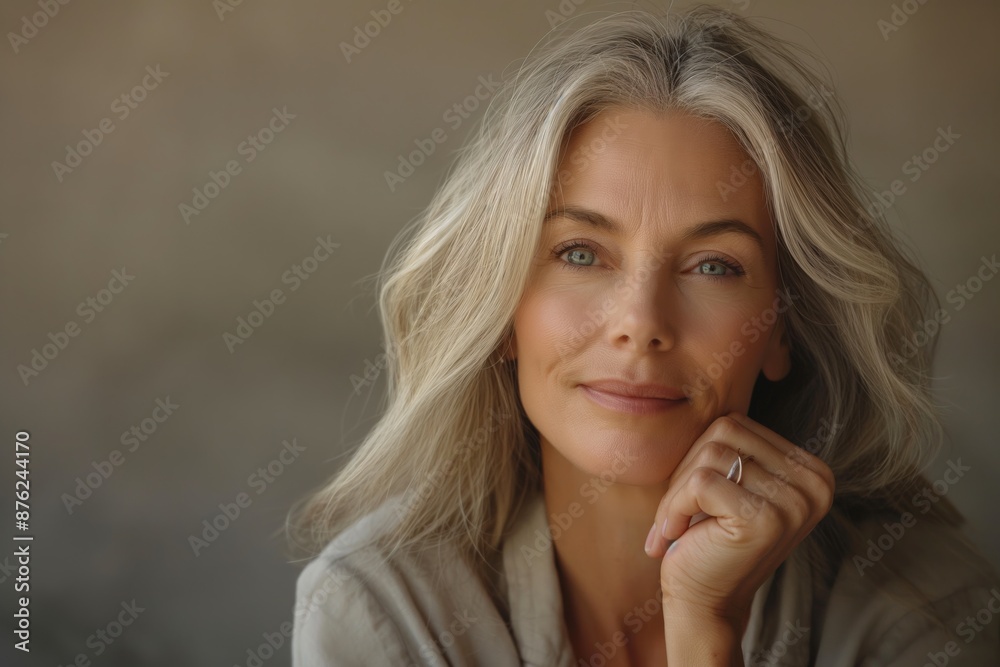 Mature woman smiling gently, resting her face on her hands, exuding warmth and contentment. Mature woman smiling gently, resting her face on her hands, exuding warmth and contentment.