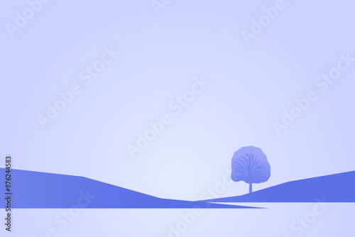 Minimalist landscape poster with lonely tree on island against mountain. Wild nature scene hand drawn painting. Lake and cliffs at twilight art wallpaper for prints and decoration. Vector illustration