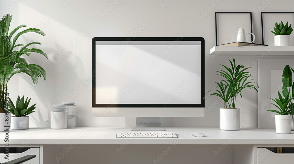 Illustration of modern designer desktop with blank screen computer. Workspace mockup generativa IA Illustration of modern designer desktop with blank screen computer. Workspace mockup generativa IA