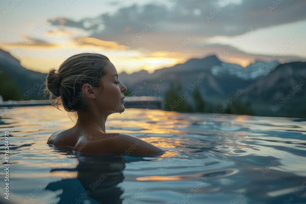 Woman immersed in an infinity pool with a stunning mountain view, experiencing serene sunset tranquility.