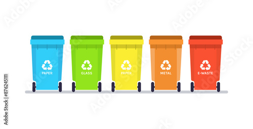 Plastic containers for garbage and recycling bins segregate waste sorting management environment protection concept flat vector illustration.	
