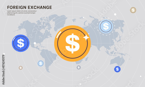 Financial technology and fintech, online banking, foreign exchange, dollar progress with global pins concept flat vector illustration.	
