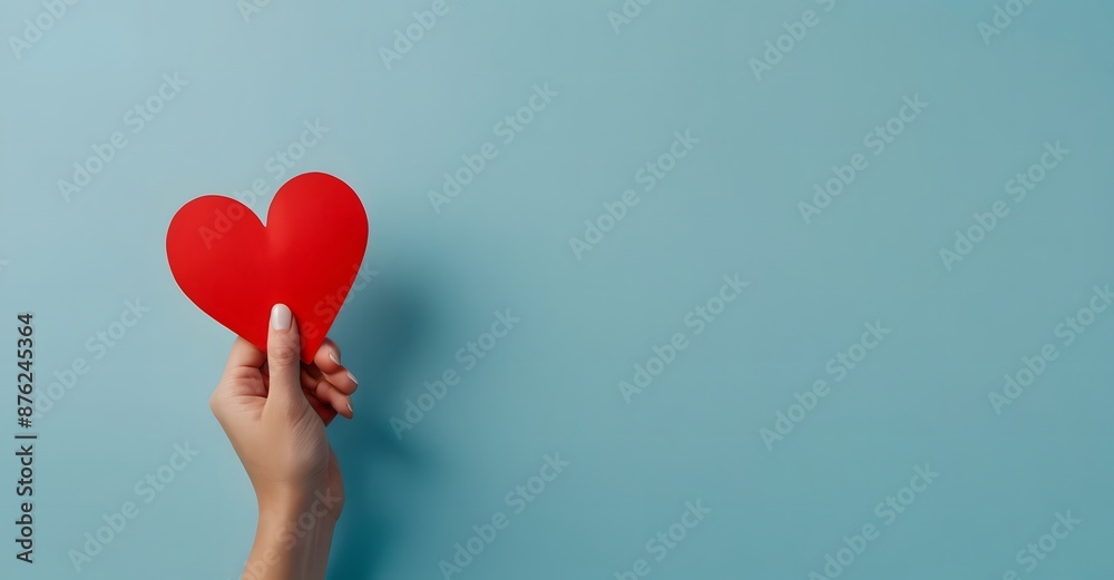 A hand holding a red paper heart blue background. Donate, charity, happiness, healthcare and medical concept A hand holding a red paper heart blue background. Donate, charity, happiness, healthcare and medical concept