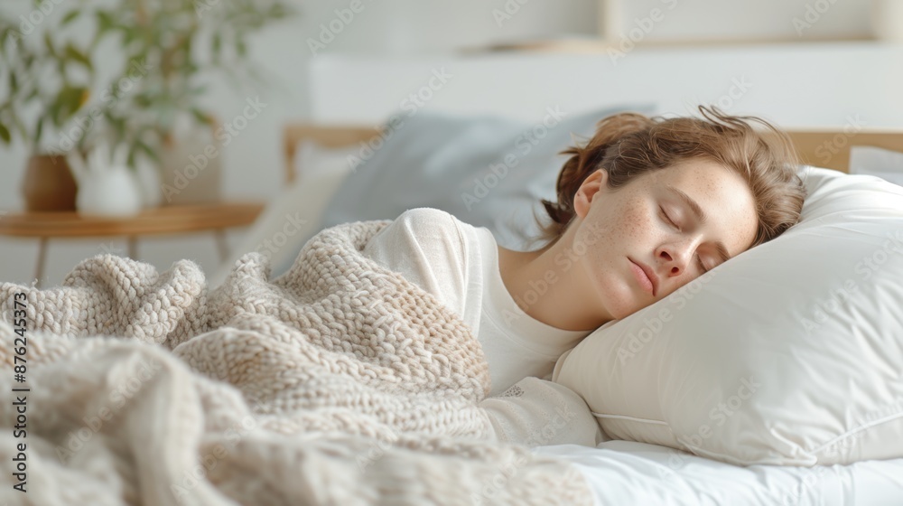 Caucasian young woman is sleeping on bed with grey pillows and soft fabric blankets in modern white bedroom Caucasian young woman is sleeping on bed with grey pillows and soft fabric blankets in modern white bedroom
