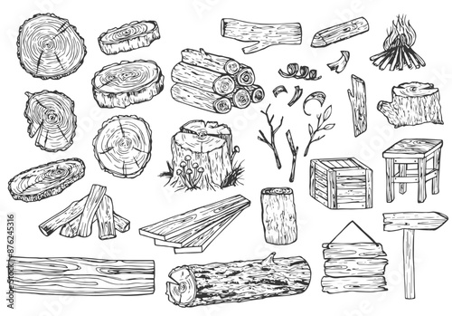 Wood set. Hand drawn. Planks and logs, lumber and Cuts, Firewood in vintage style. Pieces of Tree. Vector illusion for signboard, labels, logo or banner. Campfire material. Engraved Hand drawn sketch.