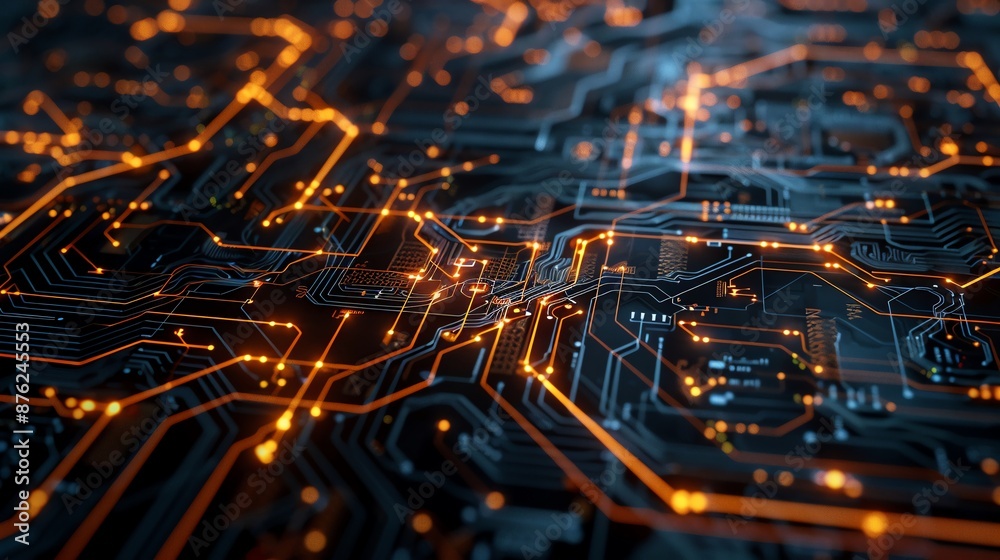 Circuit board with orange glowing lights Circuit board with orange glowing lights