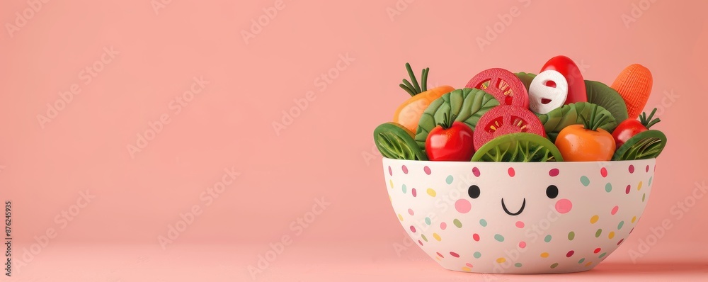 Colorful vegetables in a cute smiling bowl against a pink background, showcasing healthy eating and fresh produce. Colorful vegetables in a cute smiling bowl against a pink background, showcasing healthy eating and fresh produce.