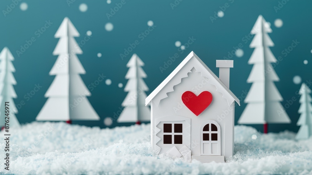 Cozy miniature house with red heart in snowy landscape, surrounded by white paper trees. Winter holiday and warmth concept. Cozy miniature house with red heart in snowy landscape, surrounded by white paper trees. Winter holiday and warmth concept.