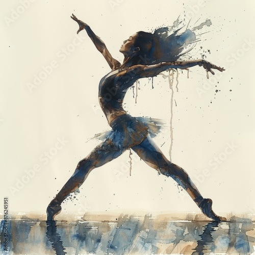 watercolor ballet woman dancer athlete in dress splash shadow illustration