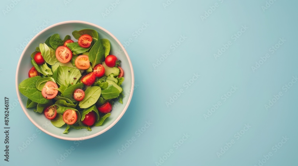 Fresh salad with cherry tomatoes and mixed greens in a white bowl on a light blue background. Perfect for healthy eating and diet concepts. Fresh salad with cherry tomatoes and mixed greens in a white bowl on a light blue background. Perfect for healthy eating and diet concepts.