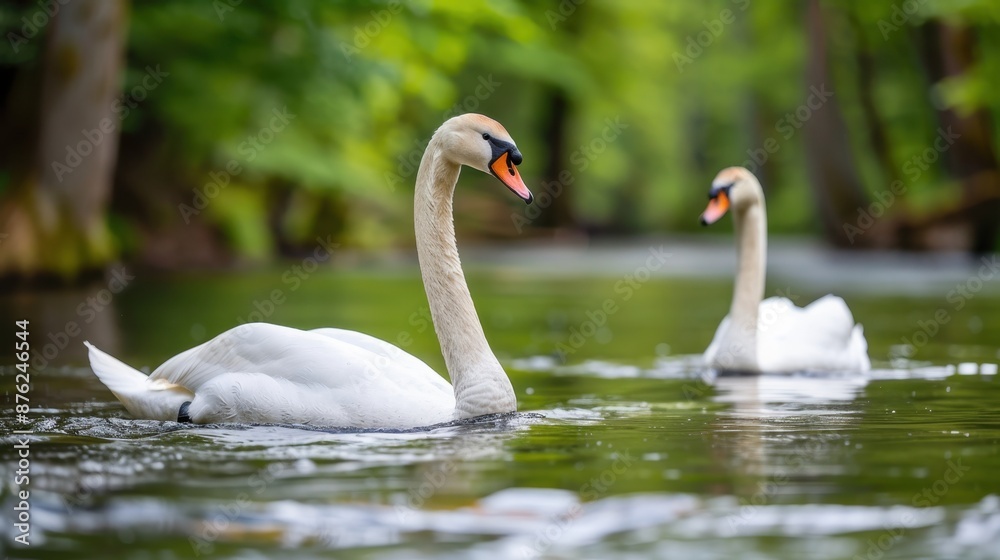 Two elegant swans gracefully glide through a serene forest stream, reflecting the peaceful beauty of nature in their calm surroundings. Two elegant swans gracefully glide through a serene forest stream, reflecting the peaceful beauty of nature in their calm surroundings.