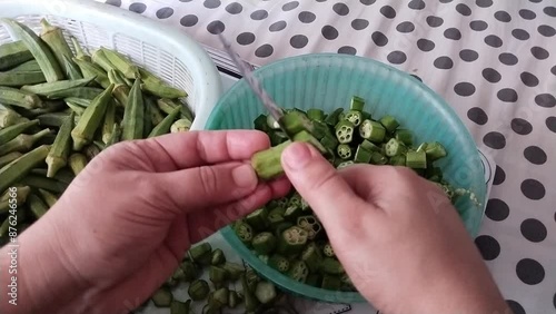 Okra vegetable slicing demo, lady's finger cutting into small pieces bhindi veg gombo okro fresh damen-finger quimbombo quiabo bhindee bhendo chopping view video clip footages 
 photo