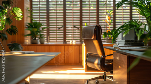 Sunlit office with chair, desk, and lush greenery.